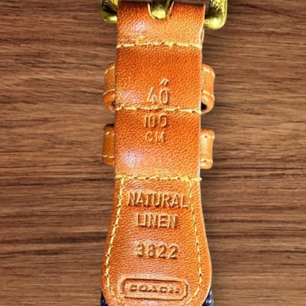Vintage COACH Preppy Tab Belt Size 40 Natural Linen Navy Leather Brass 3822 - Picture 6 of 6